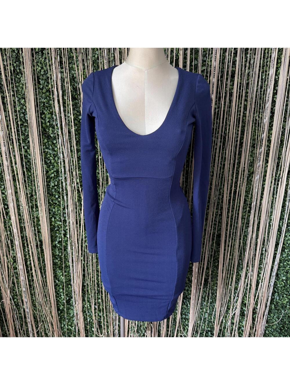 Navy Blue Long Sleeve Bodycon Dress with Open Back Detail